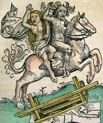 Djævelen og en kvinde på hesteryg, udgivet i Nürnberg Chronicle, 1493