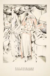 "Die Terrasse" Annonce for sommerkjoler af Martha Lowenthal, fra Styl, pub.1922 (pochoir print)