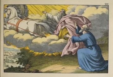 Elias stiger op til Himlen i en hvirvelvind og forlader sin discipel Elisha for at fortsætte sit arbejde, illustration fra LANcien Testamente, udgivet af Jakob Ferdinand Schreiber, Esslingen (farvestik)