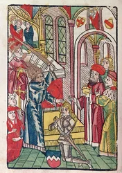 Kejser Sigismund (1367-1437) af Luxemburg efternavner en ridder (farvetræsnit)