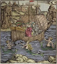 Eneide de Virgil (70 f.Kr.-19 f.Kr.), de trojanske helte Enee og hans ledsagere krydser et hav fyldt med sirene. Xylografi af Sebastian Brant (1458-1521). Strasbourg