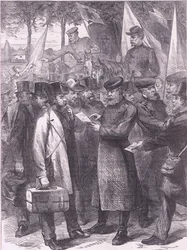 Engelske beboere, der forlader Paris, Cassells historie om krigen mellem Frankrig og Tyskland udgivet af Cassell and Company Limited, ca. 1890 (litho)