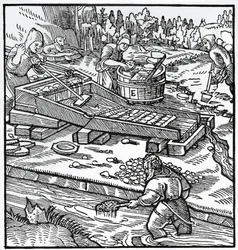 Gravering fra De re metallica (Om metallers natur), af Georg Pawer eller Georgius Agricola (1494-1555)
