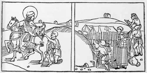 Afsnit af Sankt Martins liv. Indgravering fra “Leben der Heiligen - sommerteil” (Helgenbogen) af Jacobus (James) af Voragine (1228-1298). Lübeck 1488.