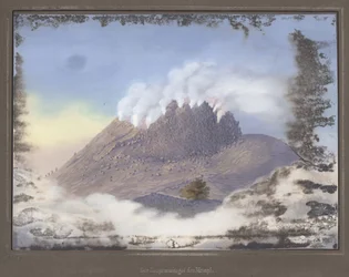 Udbrud ved Merapi-vulkanen med udsigt over den østlige ende af krateret, november 1836, pl.VI fra topografisk og videnskabelig atlas på rejsen gennem Java, af Dr. Fru Junghuhn, Magdebu