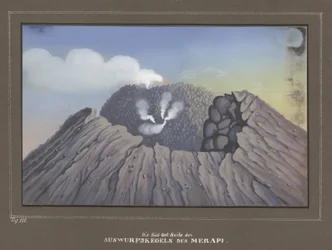 Udbrud fra Mount Merapi, Pl.III, topografisk og videnskabeligt atlas for rejsen gennem Java, af Dr.Fr.Junghuhn, Magdeburg 1845