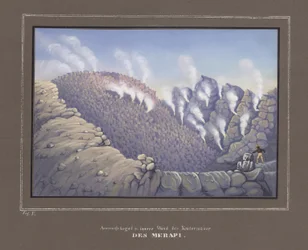 Udbrud og indre væg af Merapi-vulkanen, Pl. V fra, Topografisk og Naturvidenskabelig Atlas om rejsen gennem Java, af Dr.Fr.Junghuhn, Magdeburg 1845
