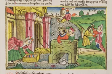 Anden Mosebog 2 1-6 Moses svævede ned ad Nilen og opdaget af en af faraos koner, fra Nürnbergbibelen (Biblia Sacra Germanaica) (farvet træsnit)
