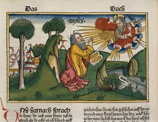 Anden Mosebog 34 1-10 Moses modtager den anden tavle med de ti bud, fra Nürnbergbibelen (Biblia Sacra Germanaica) (farvet træsnit)