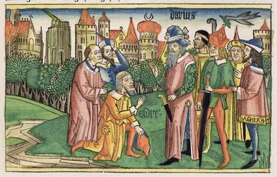 Ezra 6 16 Jerusalems tempel er indviet af kong Darius, fra Nürnbergbibelen (Biblia Sacra Germanaica) (farvet træsnit)
