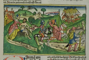 Faksimilekopi af Job: Frontispice, Job bliver skældt ud af sin kone, hans hus og familie ødelagt af en orkan og hans husdyr stjålet, fra Nürnbergbibelen (Biblia Sacra Germanaica) (farvet