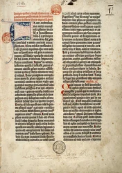 Første side af Gutenbergs bibel på latin (Vulgata), fremstillet i Mainz 1452 - 1454. Begyndelsen på Sankt Hieronymus