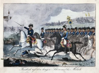 Frederik på sin hvide hest nær Molwitz