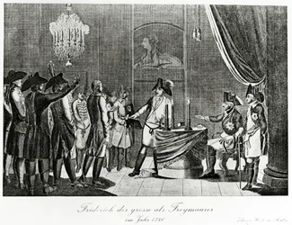 Frederik den Store modtager sin svoger Frederik, markgreve af Brandenburg-Bayreuth, som frimurer i Berlin i 1740