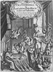 Frontispice, illustration fra Cryptographia eller hemmelige skrifter af Johann Balthasar Friderici, indgraveret af Johan Friedlein (1600-tallet) udgivet i Hamborg, 1685