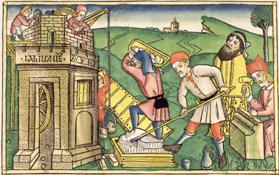 Første Mosebog 11 1-9 Bygning af Babelstårnet, fra Nürnbergbibelen (Biblia Sacra Germanaica) (farvet træsnit)