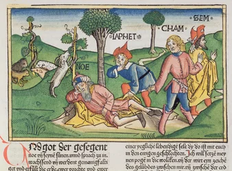 Første Mosebog 9, 20-27: Noa dækkes med en kappe af sine sønner Sem, Kam og Jafet, fra Nürnbergbibelen (Biblia Sacra Germanaica), farvelagt træsnit