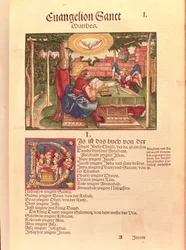 Matthæusevangeliet, bog I, fra Lutherbibelen, ca. 1530 (farvet træsnit)
