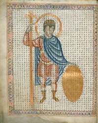Harley 3045 fol.2 Kejser Ludvig I, den fromme, med kors og skjold, fra 