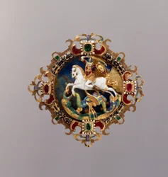Hat Agrafe med St. George (guld, emalje, rubin og smaragd)