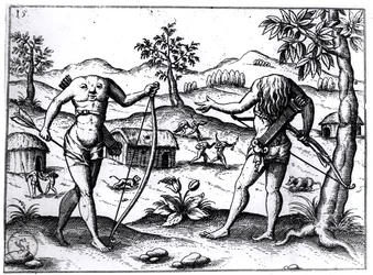 Hovedløse mænd og kvinder, illustration fra Sir Walter Raleighs beretning om Guyana, offentliggjort i Nürnberg, 1599