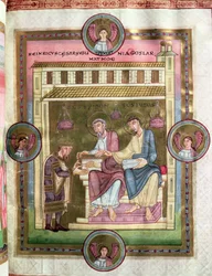 Henrik III (1017-56) med apostlene Simon og Judas, fra Codex Caesareus Upsaliensis, ca. 1045