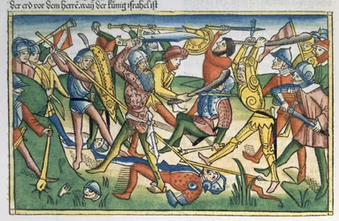 I Samuel 28 1-2 Filisternes krig mod Israel, fra Nürnbergbibelen (Biblia Sacra Germanaica) (farvet træsnit)