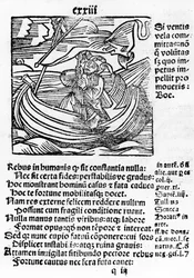 Illustration fra Stultifera dødelige skib af Sebastian Brant, trykt af Johannes Schenspenger, 1497 (woocut)