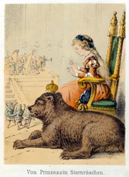 Illustration af Franz Hoffmanns fortællinger "" Fortællinger og fabler - Von Prinzessin Sternr¿schen"": en prinsesse ved siden af en kongebjørn. Kromolitografi af det 19. århundrede.