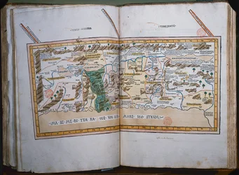 Inc. 425 Kort over Det Hellige Land, baseret på beskrivelser og koordinater givet i Cosmographica, af Ptolemæus (Claudius Ptolemaeus af Alexandria) (ca. 90-168 e.Kr.) udgivet i Ulm, Tyskland, af Johann Reger fo
