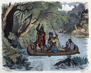 Indianere, der fisker ombord på en kano på en flod i Amerika. I "" Wenn Jemand eine Reise thut, so kann er was erzahlen"" (Når nogen rejser, det er det, han kan fortælle), tysk fortælling af Franz Wiedemann