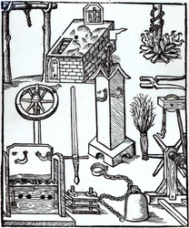 Instrumenter til henrettelse, straf og tortur, illustration fra Bamberger Halsgericht, 1507