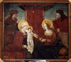 Den hellige familie (hellig slægtskab). Maleri af en tysk mester (1500-tallet). Olie på træ, 95 x 113 cm, omkring 1520. Tysk skole, renæssance. Pushkin Museum of Fine Arts, Moskva.