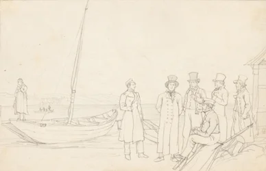 Lakeside scene med syv figurer