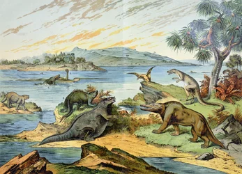 Landskab, der skildrer kridttiden (for 146 til 65 millioner år siden), illustration fra Naturhistorie om mineralogi og palæontologi af G. H. von Schubert, 1888