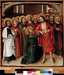 Sankt Thomas vantro. Jesus Kristus holder et hvidt flag (standard) slået med et rødt kors, og hans glorie er markeret med et kors. Maleri af en schwabisk mester (virksom omkring 1500). Olie på træ, 64 x 62 cm, v