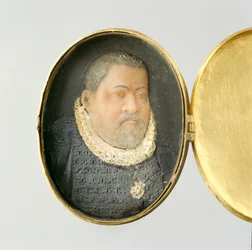 Medaljon indeholdende voks miniatureportræt af Landgrave Wilhelm IV (voks og forgyldt sølv) (se også 312134 og 312135)