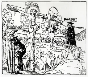 Luther (1483-1546) og Hus (1369-1415) med Kristus i fårefolden, ca. 1520-21