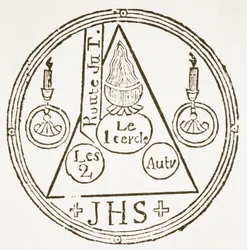 Magic Circle, kopi af en illustration fra Dreyfacher Hollenzwang af Dr. Faustens, Passau 1407, gengivet i Das Kolster Vol V, af J Scheible, 1845, brugt i en magihistorie, udgivet sent i det 19.