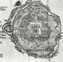 Kort over Tenochtitlan fra "Praeclara Ferdinandi Cortesii de Nova Maris Oceani Hispania Narrati