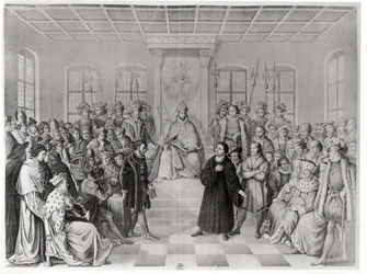 Martin Luther foran Charles V (1500-58) ved rigsdagen i Worms, 16. april 1521, fra 