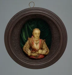 Miniatureportræt, ca. 1600 (glas, silke og træ)