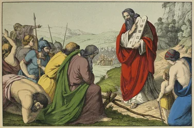 Moses og lovens tavler, illustration fra LANcien Testamente, udgivet af Jakob Ferdinand Schreiber, Esslingen (farvestik)