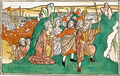 Moses i Det Røde Hav, scene i Nürnbergs bibel, skrevet på tysk