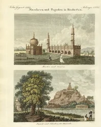 Moskeer og pagoder i Hindustan (farvet indgravering)