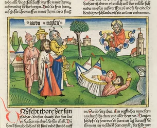 Nummer 16 32 Jorden sluger oprørerne Dathan og Abiram, fra Nürnbergbibelen (Biblia Sacra Germanaica) (farvet træsnit)
