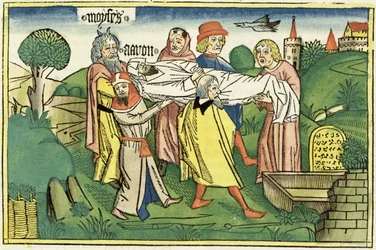 Nummer 20 22-29 Arons død, fra Nürnbergbibelen (Biblia Sacra Germanaica) (farvet træsnit)