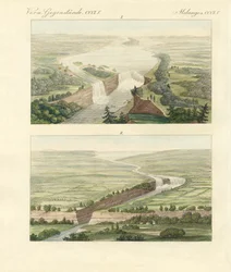 Over Niagara Falls og dets omgivelser (farvet gravering)