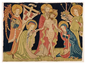 En del af alteretæppet, der forestiller den hellige treenighed, jomfruen, Johannes og to engle, fra Nürnberg, ca. 1420 (uld og linned)