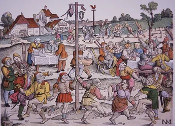 Bønder danser (håndfarvet gravering)